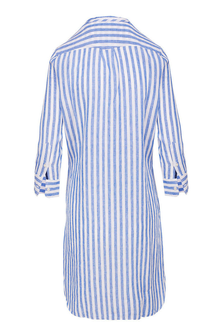 LAURAK - Robe Lin Col Mao Manches 3/4 Coupe droite - Femme - Blanc / Océan