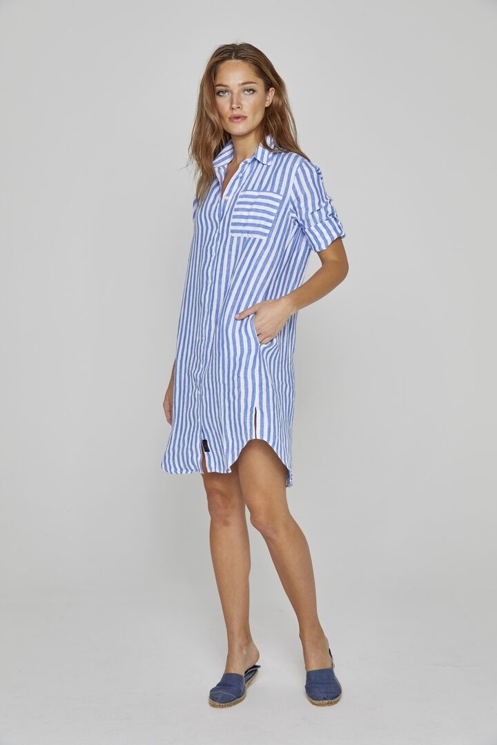LAURENK - Tunique Lin Manches 3/4 Coupe évasée - Femme - Blanc / Océan