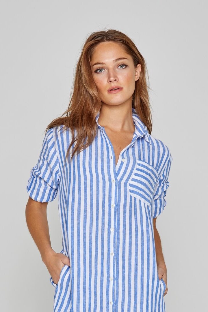 LAURENK - Tunique Lin Manches 3/4 Coupe évasée - Femme - Blanc / Océan