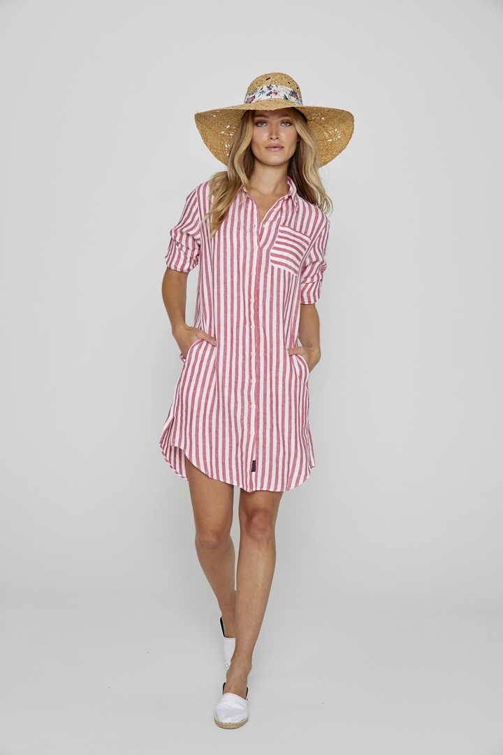 LAURENK - Tunique Lin Manches 3/4 Coupe évasée - Femme - Blanc / Fraise