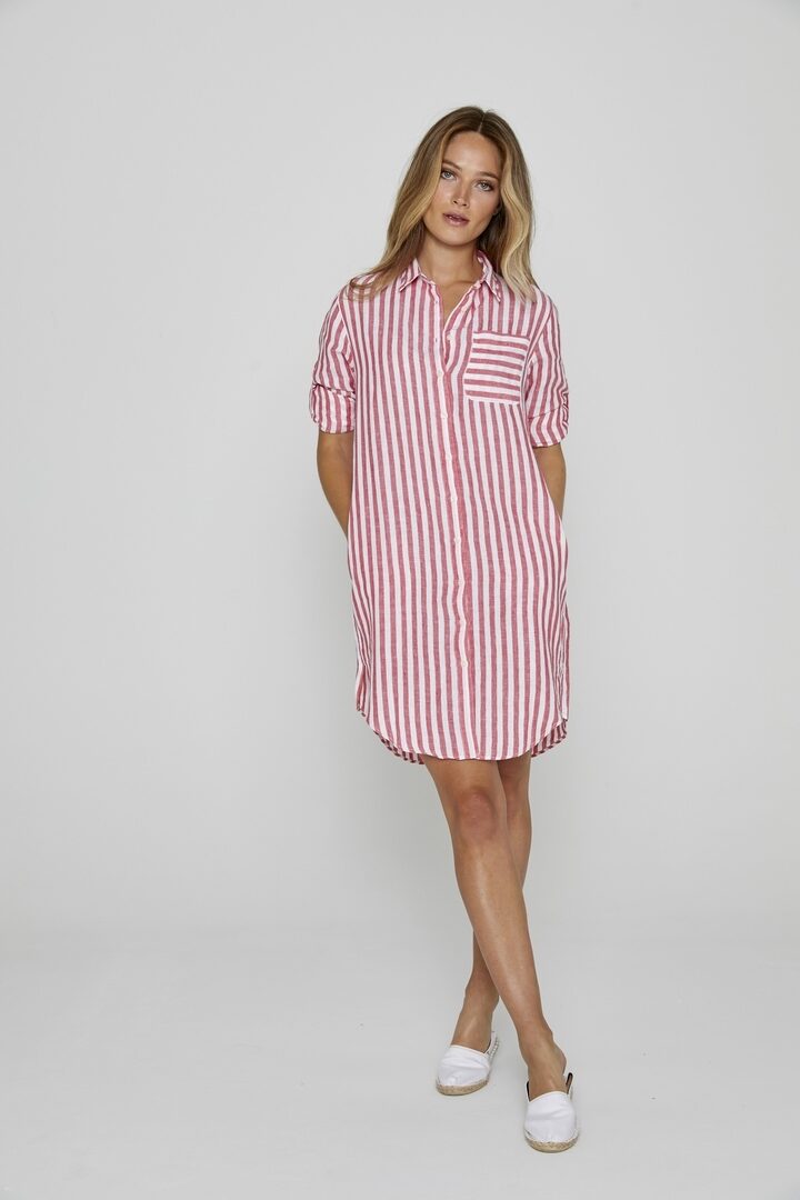 LAURENK - Tunique Lin Manches 3/4 Coupe évasée - Femme - Blanc / Fraise